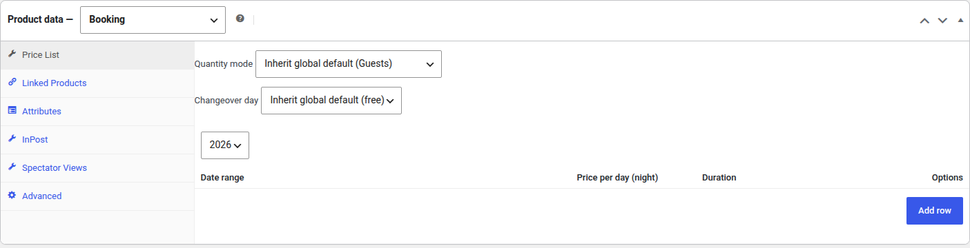 Panel Product data z wybranym typem Booking i pustym cennikiem