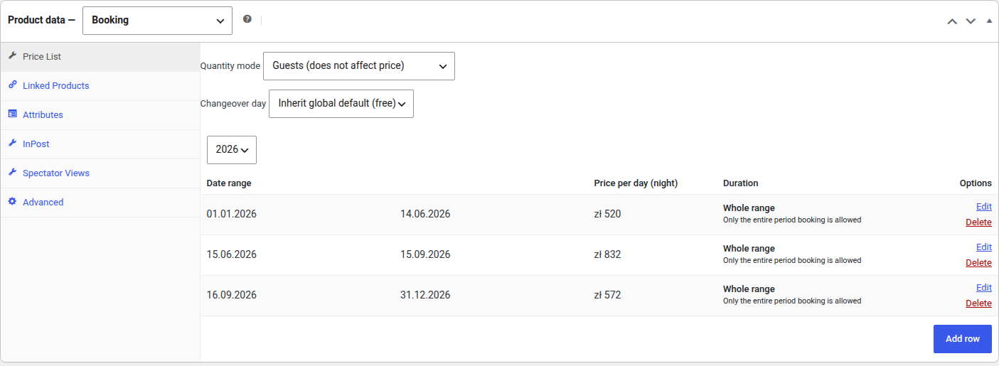 Zakładka Price List z trzema wierszami cennika