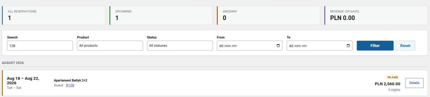 Rezerwacja odfiltrowana po numerze zamówienia