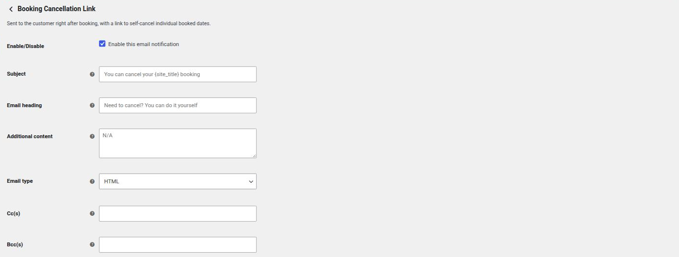 Ustawienia maila Booking Cancellation Link