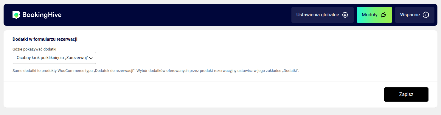 Ustawienia modułu dodatków z wyborem miejsca, w którym gość widzi dodatki