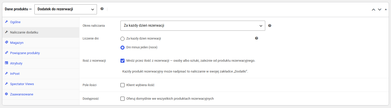 Ustawienia sposobu naliczania dodatku: okres, liczenie dni, mnożenie przez liczbę osób, pole ilości i dostępność