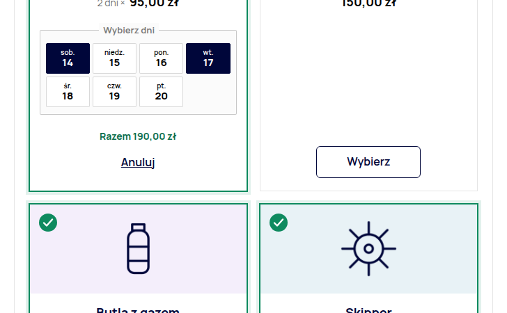 Dodatki do rezerwacji — śniadanie, skipper i sprzątanie w tym samym zamówieniu