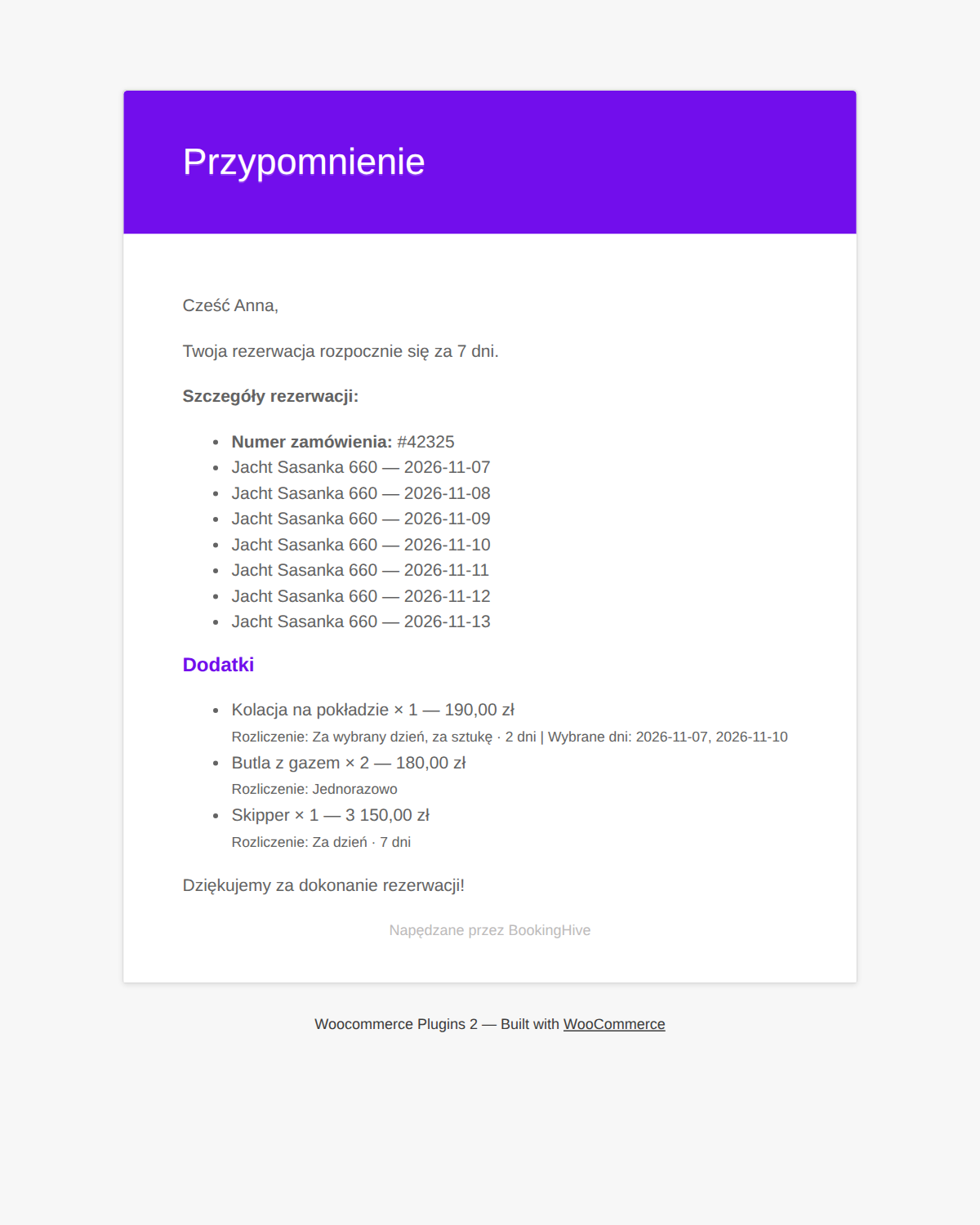 Przypomnienie o rezerwacji z sekcją Dodatki